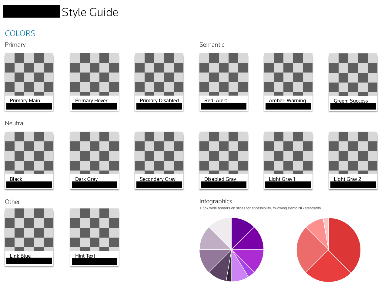 An example of the color styleguide page, with colors altered and changed.